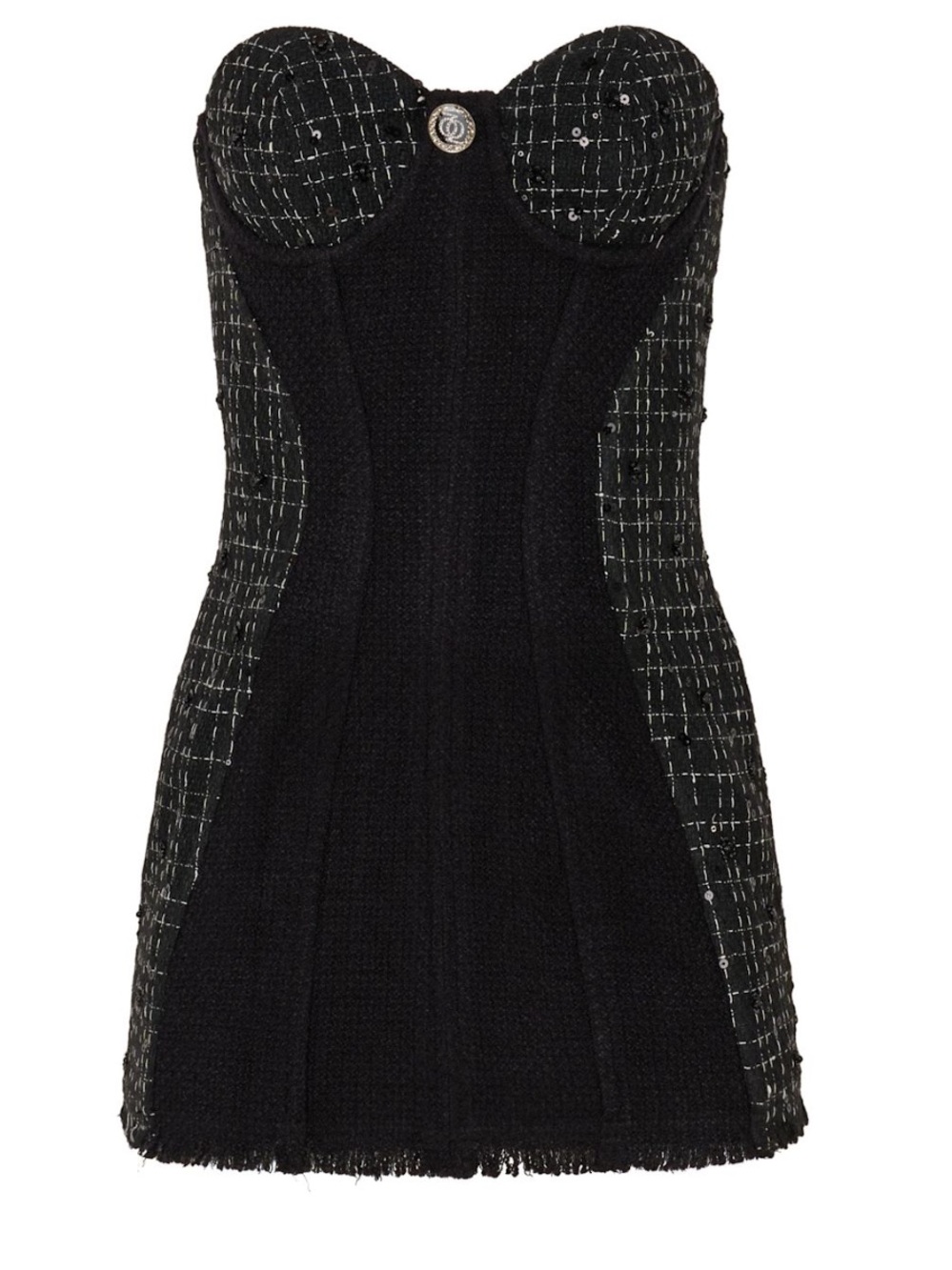 Strapless Black Tweed-Panel Mini Dress